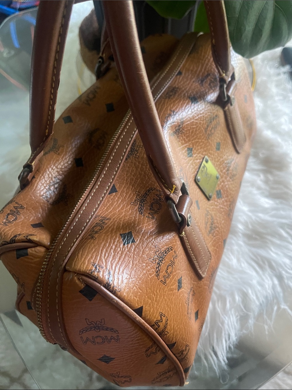 MCM Cognac/Black Logo Visetos Satchel - Picture 4 of 6